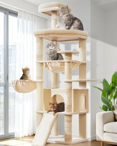 Taoqimiao 183cm Kratzbaum XXL, Großer Katzenbaum Für Große Katzen, MS045M | Stabil, Katzenkratztafel, Mehrstöckig, Einfache Montage, Große Plattform, Katzenhaus, Hängematte, 5 Kratzsäulen, Beige