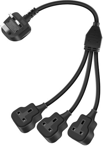 GELRHONR Short 3 Way Extension Lead,UK 90 Degrees 1 to 3 Socket Heavy Duty Power Cable 13A/250V for High-Power Vacuum, Heater, Kitchen & Outdoors Garden Tools(Black)