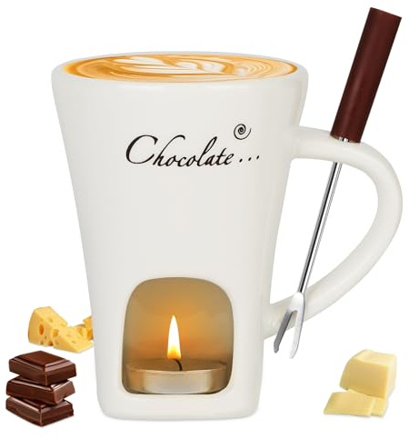 Vicloon Schokofondue Tasse, 130ml Keramik Schokoladenfondue Set mit Gabeln, Schokoladen Fondue Becher, Schmelztopf für Schokolade Käse Butter Karamell, Schmelztiegel Schoko Fondue Cup - Weiß