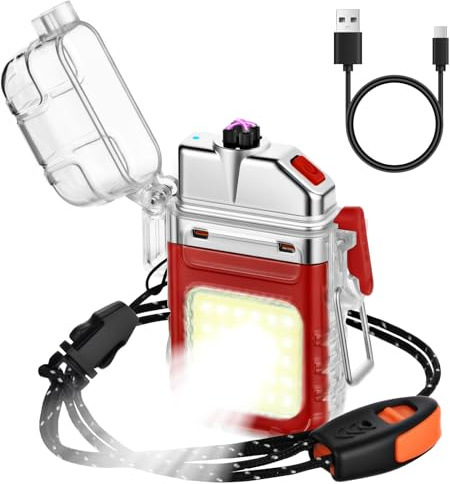 Vicloon Feuerzeug Elektrisch, Lichtbogen Feuerzeug USB Aufladbar, Dual Arc Plasma mit Überlebens Notfallpfeife und Lanyard, Wasserdicht Winddicht für Wandern, Camping, Survival Kit (Rot)