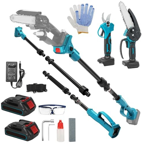 Cordless Electric Pruning Shears, 6 inch Mini Cordless Chainsaw with 2 x 4.0Ah Batteries, Cordless Scissors Pruners with Extension Pole, Handheld Chain Saw Trimmer for High Low Tree Branch Cutting