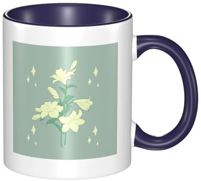 SMAZDFXX Cartoon White Lilies Printed Ceramic Navy Blue Mug with Curved Handle, Suitable for Office and Everyday Drinking.