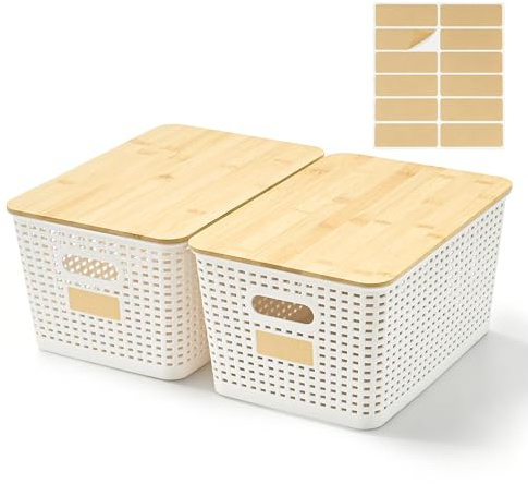 Bagnizer 2 Stücke Hoch Kunststoff Aufbewahrungsboxen mit Bambus Deckel, 10L | Stapelbar, Beschriftbar, Platzsparend, für Organisation in Haushalt Desktop Vorratskammer Büro, 30.5 × 21 × 15.5CM, Cremeweiß