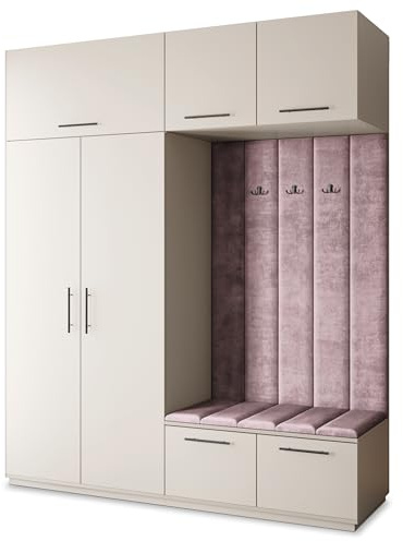 Masseno Flugarderoben Set Rema, Kleiderschrank-Set mit Sitzbank, Garderobenschrank Flur mit 5 Regalböden, Kaschmir
