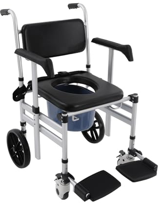 Silla de ducha 3 en 1 de aleación de aluminio, plegable, altura ajustable 46-54 cm, capacidad de carga de 150 kg, ruedas con frenos, para personas mayores, embarazadas y discapacitados