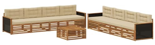 vidaXL Outdoor-Sofagarnitur mit Kissen 9 pcs Natur und Beige Polyester, Garten Lounge Set, modernes Akazienholz Sofa, wetterfeste Möbel, Bequeme Terrassen Sitzgelegenheit