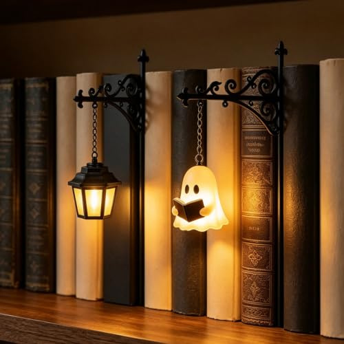 Halloween Deko Bücherregal Lampe Vintage Bookshelf Lantern 2 Stück (A+B) | Library Lantern, Bücherregal latern, Buchstütze Laterne, Geister Mini Bücherregal Beleuchtung für Heim Büro