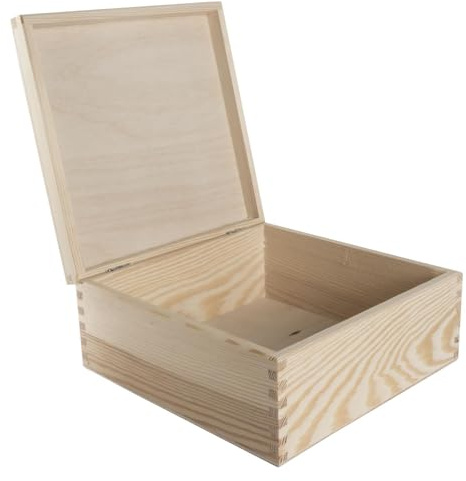 WooDeeDoo Square Wooden Storage Box with Hinged Lid – 19.5 x 19.5 x 9 cm Plain Pine Organiser for Crafts Gift Wrapping Keepsakes Jewellery DIY Personalisation Unpainted Decorative Box