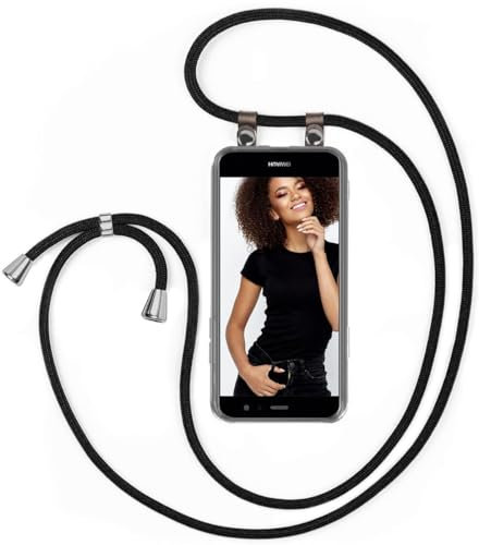 moex Handykette für Huawei P10 Lite Hülle mit Band abnehmbar, Handyhülle mit Kette zum Umhängen, Handyband 155 cm lang Stoff Kordel Umhängehülle, Handy Umhängeband, Schwarz