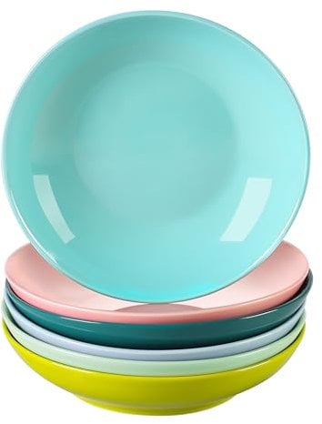 LOVECASA, Series Sweet, 6-Piece Soup Plates Pasta Plates 550ml Round Porcelain China Deep Dinner Plates Soup Bowls Set for Cereal/Salad/Pasta/Soup, 6 * 21 * 4.5cm, Service for 6, Cool Assorted Colour
