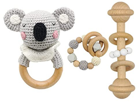SWECOMZE Holzspielzeug Baby, Baby Rassel Spielzeug, Baby Beißring Holz Gehäkelte Greifling, Handmade Babyrassel Holzspielzeug, Geschenke zur Geburt für mädchen und Junge (Koala,#5)