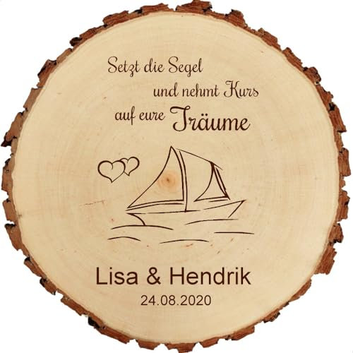 Baumscheibe 23cm mit Gravur (Namen, Datum) personalisierte Holz-Scheibe Segelboot, Hochzeitsgeschenke Geschenk-Idee Jubiläum Hochzeitsdeko, MotivH3