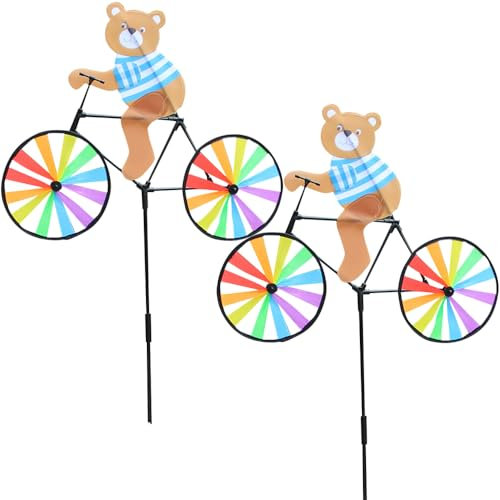 2 Stück Cartoon Fahrrad Spinner, Katze Reiten Fahrrad Wind Spinner Windräder mit Stange, 3D Tier Regenbogen Windmühle, niedliche Windkulptur, bunte Ornament Statue Dekor für Outdoor Hof Strand