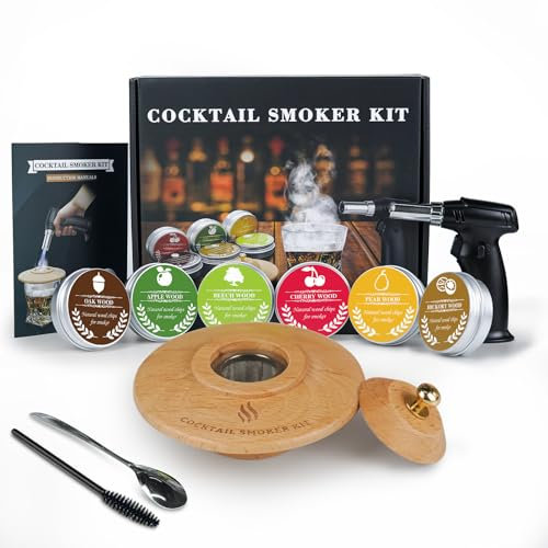 Kit Fumoir Cocktail, Cocktail Smoker Set avec 6 Copeaux de Bois, Vin Fumé Whisky Cocktail, Copeaux de Bois Fumé Set pour Bar, Discothèque, Maison, Également comme Cadeau pour Noël et la Fête des Pères