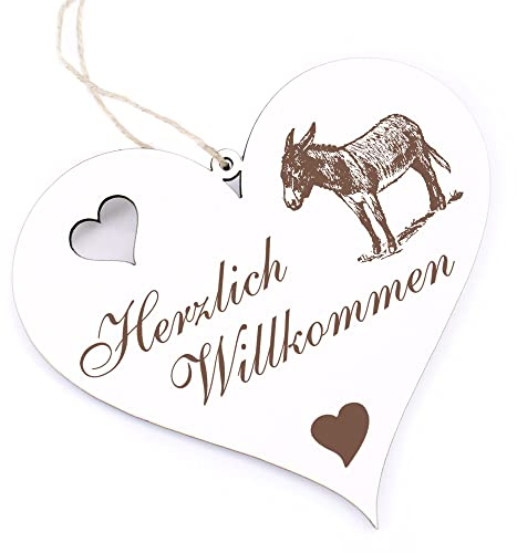 Herzlich Willkommen Schild - Esel - Deko Herz Holz Willkommensschild Türschild Dekoschild Türdeko