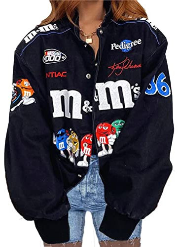 nicticsi Damen Bomberjacke College Oversized Patchwork Bedruckte Jacke 90S Vintage Racing Sweatjacke Reißverschluss Sweat Jacket Baseball Mantel Übergangsjacke Teenager Frühling Herbst A1 Schwarz L