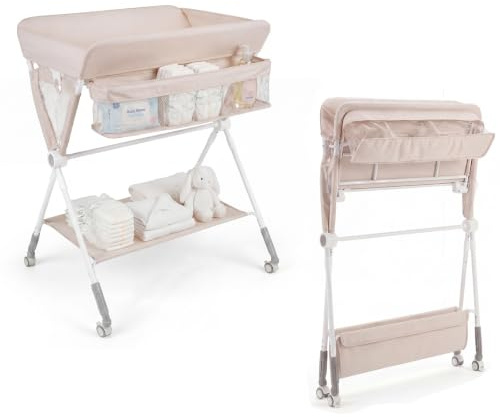 LIFEZEAL 3 in 1 Wickeltisch, klappbarer und verstellbarer Wickeltisch aus Oxford-Gewebe und PP, Badewanne und Wäscheständer, stabile Eisenrohrkonstruktion, Tragfähigkeit 15 kg und 5 kg (Beige)