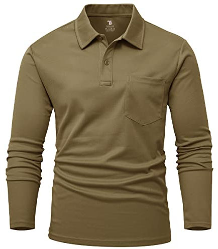 Rdruko Mens Polo Shirt Long Sleeve Casual Smart Breathable Polyester Work T Shirts Wicking Quick Dry Golf Tops with Chest Pocket Brown L