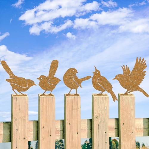 PKPKAUT 5 Stück Rost Vogel Gartendeko für Draußen Herbstdeko Outdoor, Garten Deko Rost Metall Vögel Gartenstecker mit Schraube, Rost Deko für Garten, Balkon & Terrasse