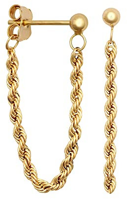 Jewelco London Ladies 9ct Yellow Gold 3mm Ball & 2mm Rope Chain Drop Earrings, 32mm