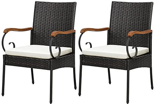 KOMFOTTEU 2er Rattanstuhl Set, Gartenstuhl mit Rückenlehne & abnehmbarem Kissen, Terrassenstuhl mit G Design Armlehnen, Balkonstuhl bis 180 kg belastbar für Pool Terrasse Garten