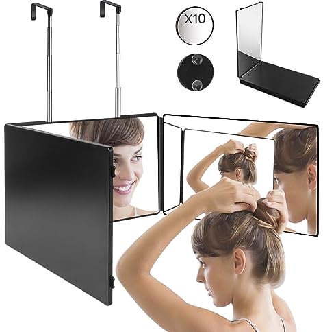 OSDUE 360 Grad Spiegel, 3 Wege Spiegel mit Haken, Klappspiegel 3 Teilig Haare Selbst Schneiden, 3-Fach-Spiegel zum Haareschneiden, Selbsthaarschneidespiegel, mit 10X Vergrößerungsspiegel (Ohne LED)