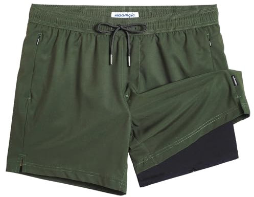 MaaMgic Herren Badehose mit Kompression Badeshorts 2 in 1 | 5.5 Schnelltrocknend lässige Swim Shorts Kurz Boardshorts mit Innenhose Reißverschlusstasche,Dunkelgrün Schwarz Cr 5.5,M