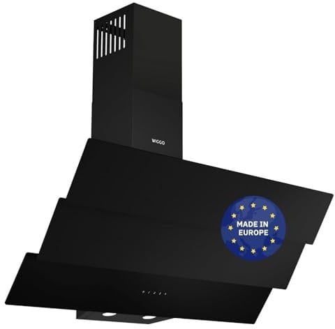 Wiggo B943G Dunstabzugshaube 90cm kopffrei I Abluft Umluft Dunstabzug 615m³/h - Touch-Display 4 Stufen I Energieeffizienzklasse B Schräghaube inkl. 2x Kohlefilter I Abzugshaube Glasfront schwarz