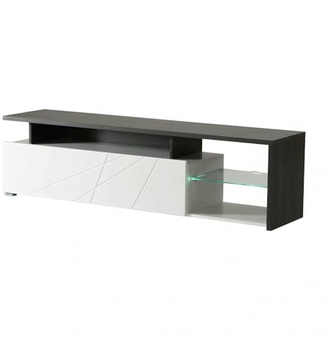 Briconess.com Mobile Porta TV Elegante da Salotto Soggiorno in Legno con sportello Bianco a ribalta e mensola in Vetro Living TV - Legno Naturale e Bianco