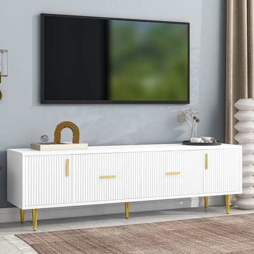 Merax TV Lowboard für 70-Zoll-Fernseher, TV Schrank mit 2 Türen und 2 Schubladen, Moderner TV Sideboard, TV Board, goldene Griffe, Fernsehschrank für Wohnzimmer und Esszimmer, Weiß, 170 x 40 x 50 cm