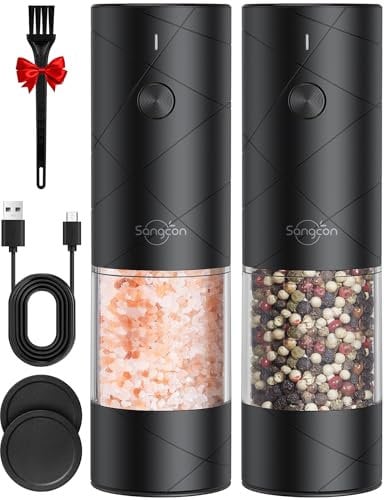 Sangcon Electric Salt and Pepper Grinder Set - USB Rechargeable,Large Capacity Automatic Salt and Pepper Grinder Set,One Hand Operation,6 Adjustable Coarseness & LED Lights with Sliding Dust Cover