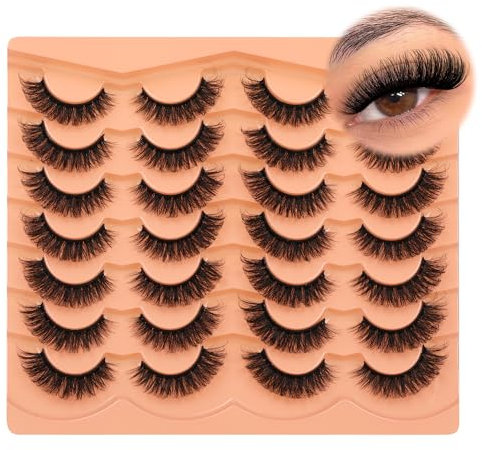 JIMIRE 14 Pairs Cat Eye Russian Strip Lashes Natural Look Like Eyelash Extensions D Curl Fluffy False Eyelashes Wispy 15MM Volume Faux Mink Lashes Pack