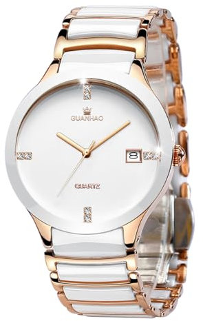 GUANHAO Montre en céramique pour homme, cadran noir et blanc, montre à quartz avec calendrier pour homme, montre à bracelet en céramique pour homme, Blanc/doré, Moderne