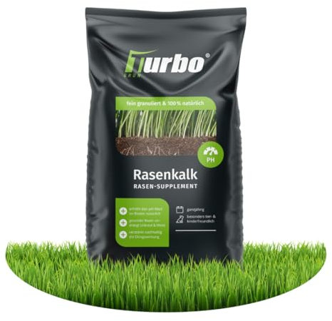 Rasenkalk und Gartenkalk, Turbogrün, 15kg für 150m², gesunder Rasen gegen Moos und Pilze, verstärkt Düngung, Staubarm, Rasendünger Frühjahr, Ideal für den Streuwagen