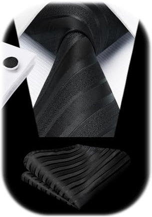 Enlision Krawatte Schwarz Herren Gestreifte Krawatte mit Einstecktuch Set Hochzeit Krawatten und Taschentuch Manschettenknöpfe Set Schlips Elegant