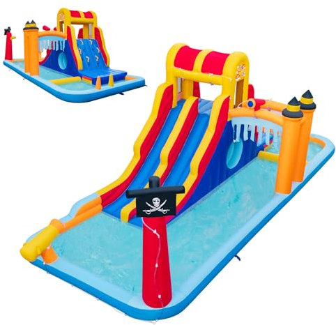 DREAMADE Aufblasbare Hüpfburg, 6-in-1-Wasserpark mit 2 Rutschen, Kletterwand, Höhlenkriechspiel, Wasserkanone & Ringwurfspiel, Nass-/Trocken Wasserruchte für den Innen- & Außenbereich