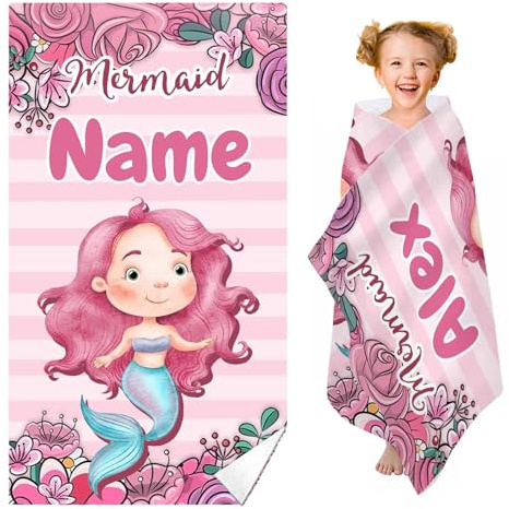 KARPIX Personalisiert Strandtuch mit Namen, Mikrofaser Meerjungfrau Badetuch Strandlaken Handtuch, Mermaid Strandtücher mit Namen für Kinder (80x160cm)