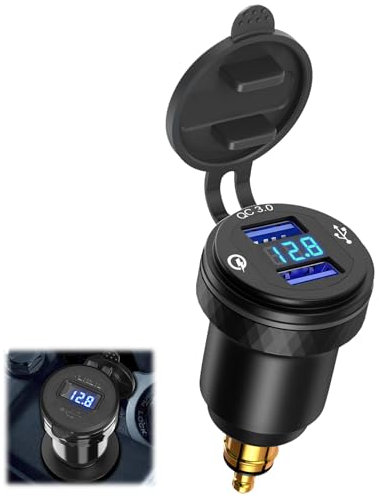Cargador DIN Macho a USB, Adaptador de Enchufe DIN para Motocicleta, Aluminum Doble QC 3.0 DIN USB Impermeable para 12V/24V Moto Estilo Europeo