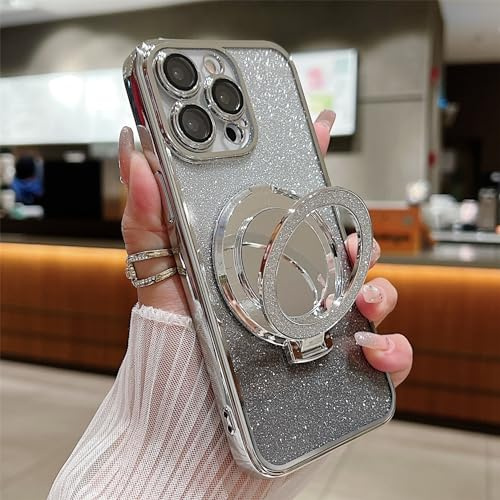 Emlivi Magnet Hülle für iPhone 15 mit Spiegel, Klar Glitzer Handyhülle Magnetische Transparent Pailletten Kameraschutz TPU Case Cover für Mädchen TPU Stoßfeste Schutzhülle für iPhone 15,Silber