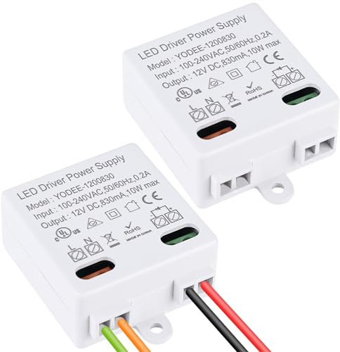 2 Stück Mini LED Trafo Transformator 12V/DC, 0-10W Transformator 830MA 50-60Hz Leuchten für 12V LED Leuchten und Lampen Beleuchtungen Keine Mindestlast Nötig