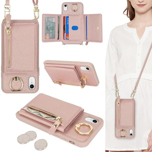 ELTEKER Handyhülle für iPhone XR Hülle mit Band Kartenfach Ringhalterung Geldbörse,Leder Klapphülle Umhängetasche Handytasche für iPhone XR - roségold