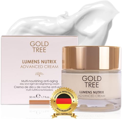 GOLD TREE Feuchtigkeitscreme Gesicht mit Hyaluronsäure 50 ml. Premium-Gesichtscreme für Frauen. Pflegende Gesichtspflege. Aufhellende Tagescreme. Collagen Vegan mit Kollagen
