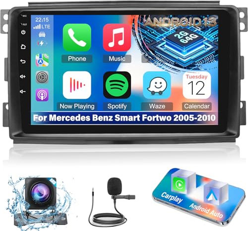 Android 13 2G+64G Car Stereo for Mercedes Benz Smart Fortwo 2005-2010, 9 Inch Touchscreen Radio with Wireless Carplay & Android Auto/WiFi/GPS/Bluetooth/EQ/FM RDS Radio+Backup Camera