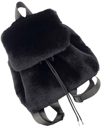Itkcozcg Trendiger Damen-Rucksack, elegant, Plüsch, pelzig, einfarbig, flauschig, Kordelzug, kleine Schultertasche mit Klappdeckel für Komfort im Winter, Schwarz , Size reference picture