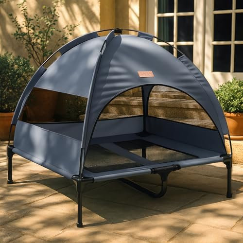 Lekespring Hundeliege Outdoor mit Dach & Erhöht Design - Atmungsaktive & wasserdichte Hundebett Outdoor, Hundeliege mit Sonnenschutz für Camping, Park & Indoor, Leicht & Tragbar, Grau
