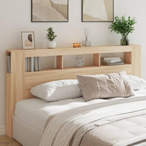 Myheimly LED Kopfteil, Bettkopfteil mit LED-Leuchten, Betthaupt mit Ablagen, Bettzubehör Schlafzimmer,Holzwerkstoff Sonoma Eiche,200 x 103.5 cm