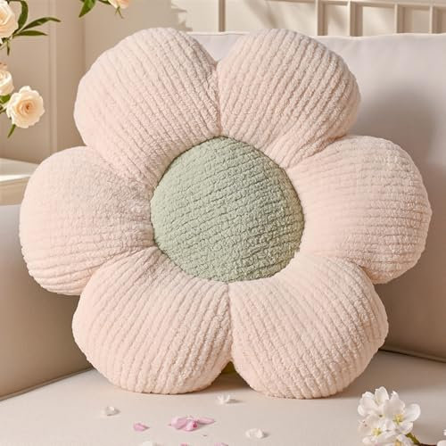 Yhoelata Blumenkissen, Creme Grün Blumengestalt Zierkissen, Plüsch Bodenkissen für Sofa & Bett Kinderzimmer, Mädchen Dekoratives Gänseblümchen Design Wohnkissen 50cm