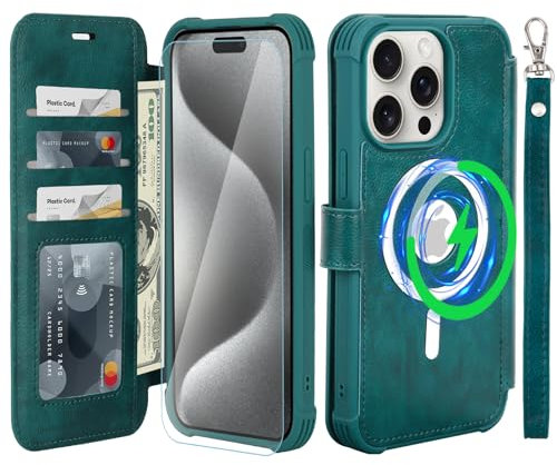 VANAVAGY Compatible for iPhone 15 Pro Max Wallet Case for Magsafe Wireless Charging,Leather Flip Wrist [Glass Screen Protectors and Camera Lens Protectors] with RFID Block Card Holder,Midnight Green