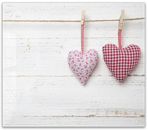 Herdabdeckplatte 60x52 cm einteilig – Landhausstil, Stoffherzen, Vintage Deko, Shabby Chic Holz, Herz | ESG Glas Ceranfeldabdeckung, Schneidebrett, Abdeckplatte, Herd, Induktion, Küche