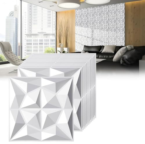 Jopassy 3D Wandpaneele Diamant 12 Stück 50 x 50 cm (3m²), 3D Wall Panels PVC Wanddeko Platten, Nicht Verformbar, Wasserfest, Hitzebeständig, Matt weiß